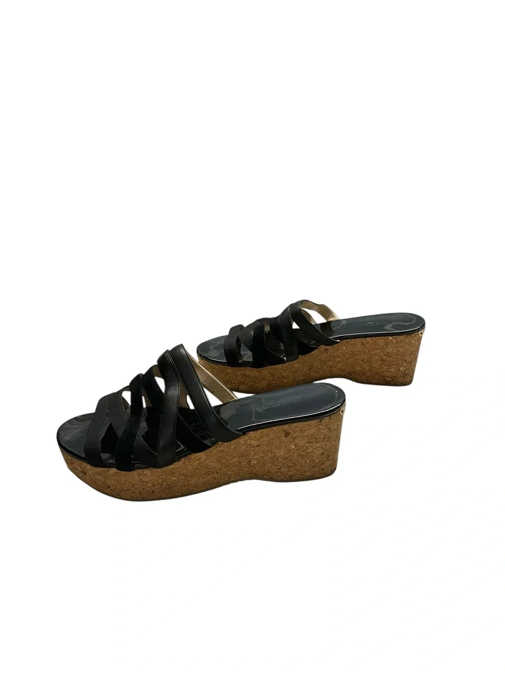 Y2K Jimmy Choo Patent Black Leather Cork Platform Wedge Sandals 42